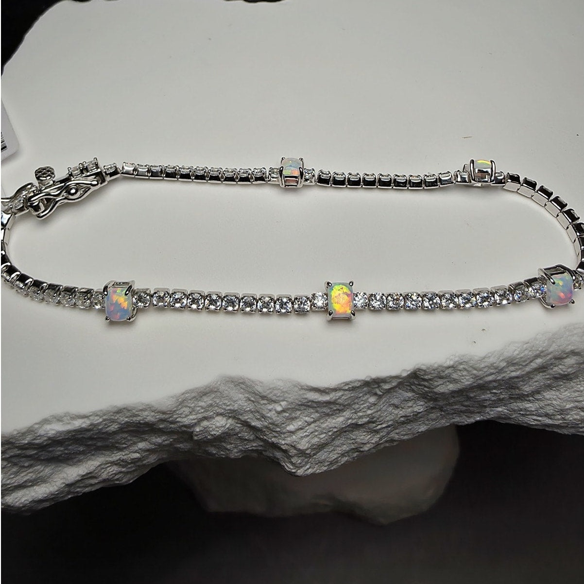 7" 925 Sterling Silver Ethiopian Opal & CZ Tennis Bracelet | Iridescent Station