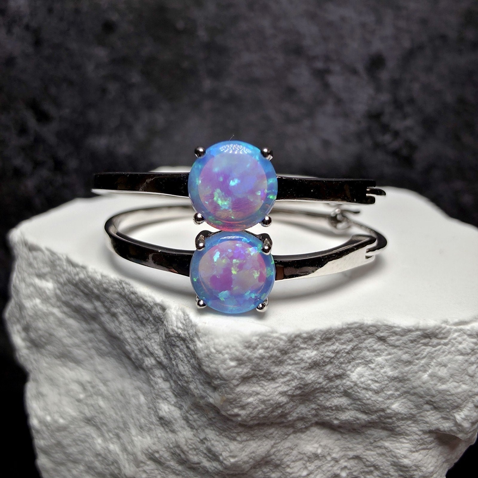 925 Sterling Silver Blue Lab Opal Round Hoop Earrings
