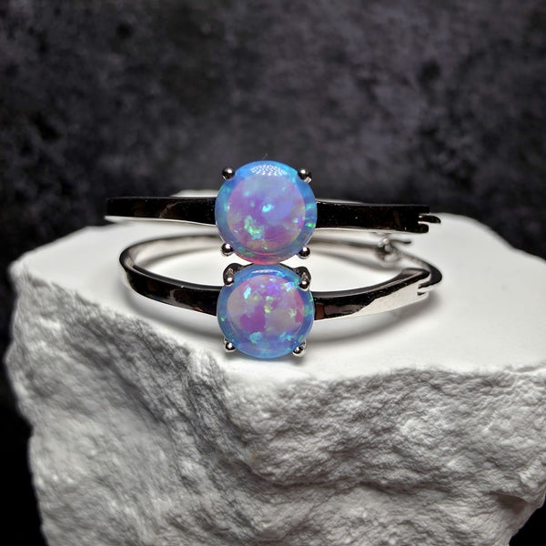 925 Sterling Silver Blue Lab Opal Round Hoop Earrings