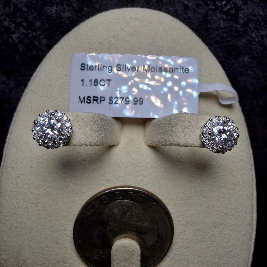 1.18 CTW Moissanite Halo Stud Earrings in 925 Sterling Silver | Brilliant Round
