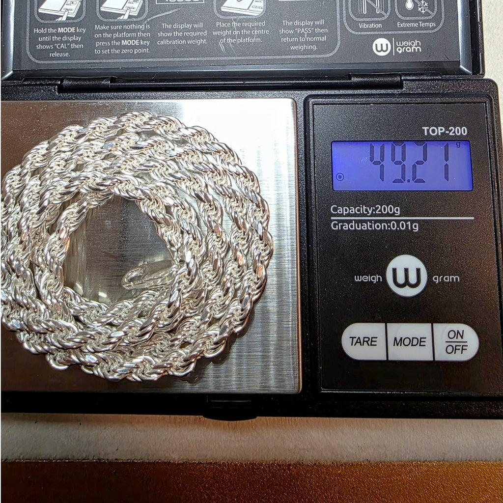 925 Sterling Silver Rope Chain | 26" Length, 5mm, 50g